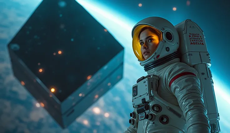 (((the scene takes place in outer space overlooking a colorful galaxy full of stars))) an impressive and (((huge cubic monolith: 1.8 rectangular sides, reflective black is flying in space near the Asian astronaut, the monolith sections into several small c...