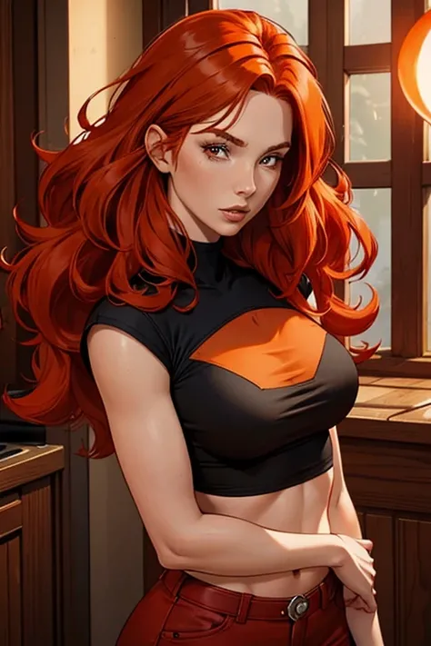 arafed woman with red hair and a black top posing for a picture, amouranth, copper hair, orange hair, flowing ginger hair, red hair and attractive features, bright orange hair, ginger hair, with red hair, red head, messy square vibrant red hair, red dyed h...