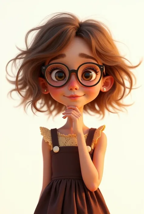 A girl with light brown frizzy hair who is dressed in dark brown solera, thin, rimmed shots with beige lace with a white background, Pixar-like animation