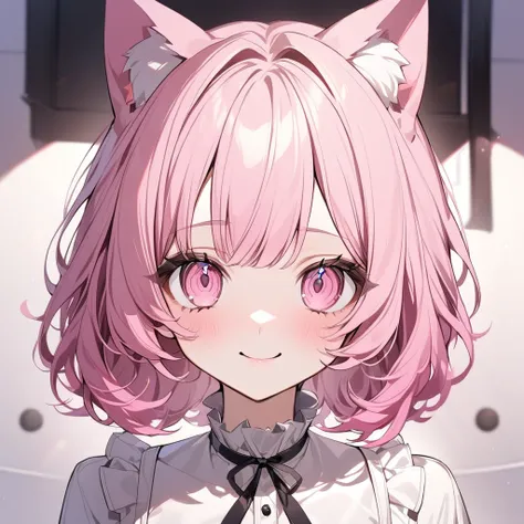  1 girl 、An aesthetic nightmare、 pink hair,  bob hair,  pink eyes,  smiles, eyeshadow pink、Cat ears, 