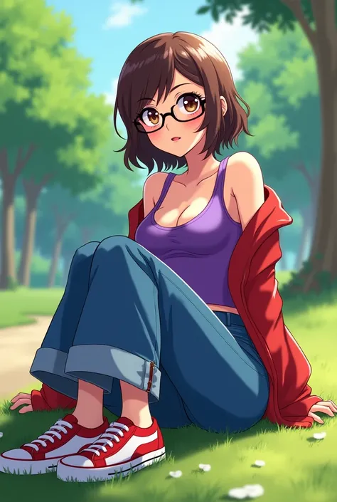 FAT WITH SHORT SHOULDER-LENGTH WAVY BROWN HAIR, reading glasses ,  brown eyes ,  red lips,  sleeveless red jacket under a low-cut purple sleeveless t-shirt ,   wide-leg blue jeans red and white canvas sneakers in the background of a sunny park,  anime styl...