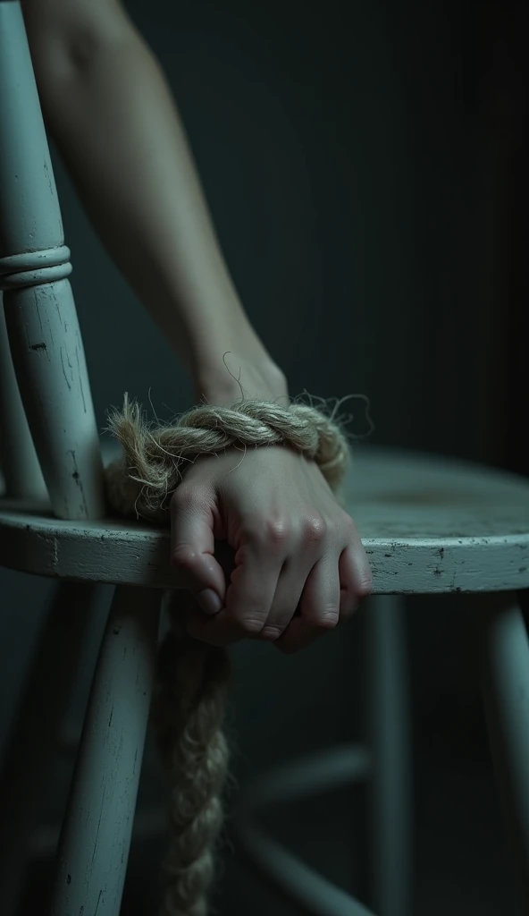 Closeup of a girls hand tied to a chair with a rope，Chill atmosphere