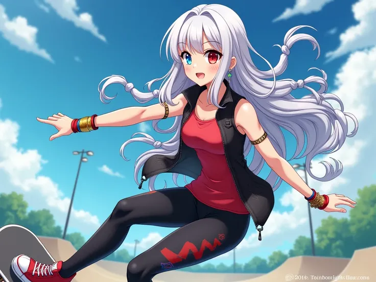 anime,  Beautiful woman,  long white hair with black braids ,  bright blue left eye ,  right eye shiny red color , nice body,  leggings color black with figures red with white, red top, Maya vest ,  colored bracelets , earrings,  tennis sneakers color red ...