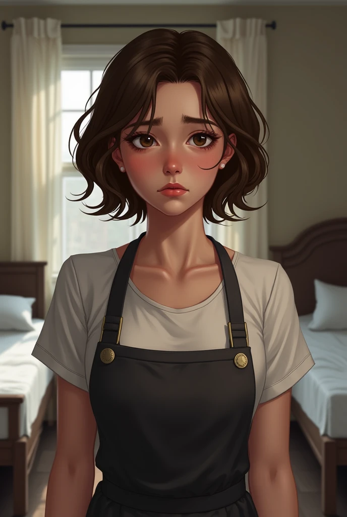  It generates a realistic illustration of a white girl with short wavy brown hair and brown eyes looking at the camera while standing in a room with two beds in the background. She wears a waitress apron .  She has a sad look and has dark circles under her...