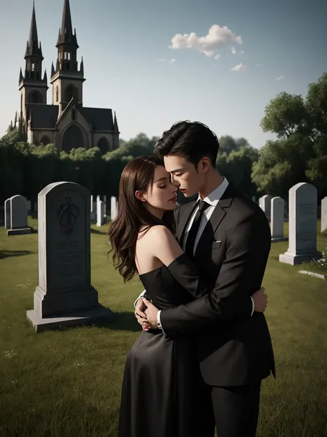 Image of a couple in formal wear,  Korean man with brown hair short brown eyes , black silk tie , black silk shirt, black jacket , black pants hugs a girl who cries of European appearance ,  blue eyes,  brown long hair ,  a long black strapless funeral dre...