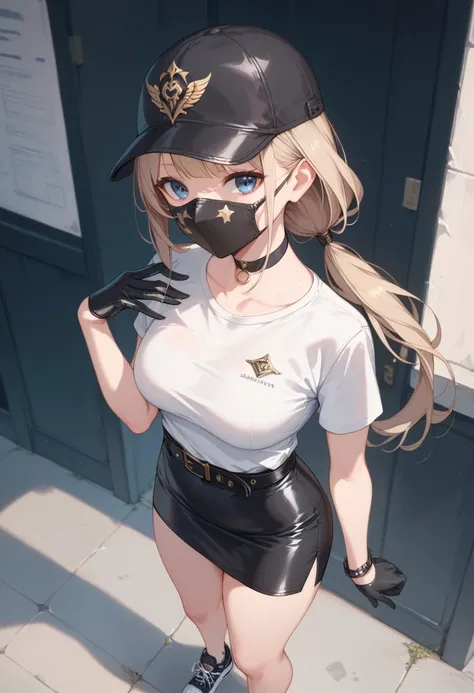 white t shirt,bangs, blue eyes, beige hair, black leather skirt, black pencil skirt, bare legs, black gloves , black choker, black belt, low ponytail, black sneakers, long hair, black patterned mask, black ball cap, view from above, standing posture