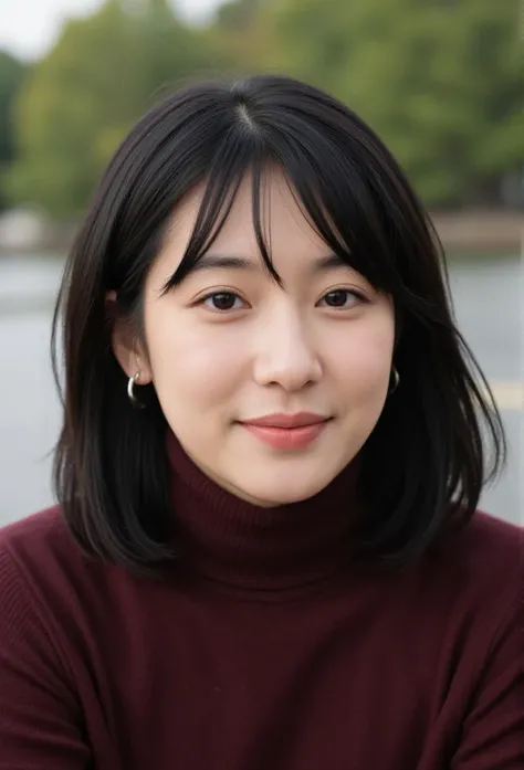 woman in her mid-30s, straight black hair with side bangs, wearing a maroon turtleneck, subtle makeup, gentle smile, studio lighting, outdoor background, highend camera look