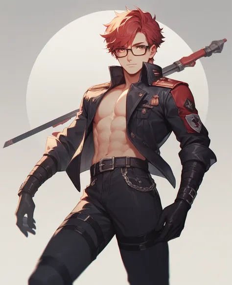 Create a full-body character design of a male in his late 20s wearing a military uniform. He is seen from the back, turning his head as if looking over his shoulder. He has wavy, reddish hair and is wearing wide black-rimmed glasses. His expression is lang...