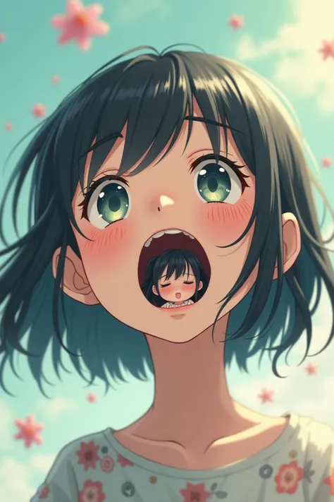 An anime girl wears a girl out of her mouth