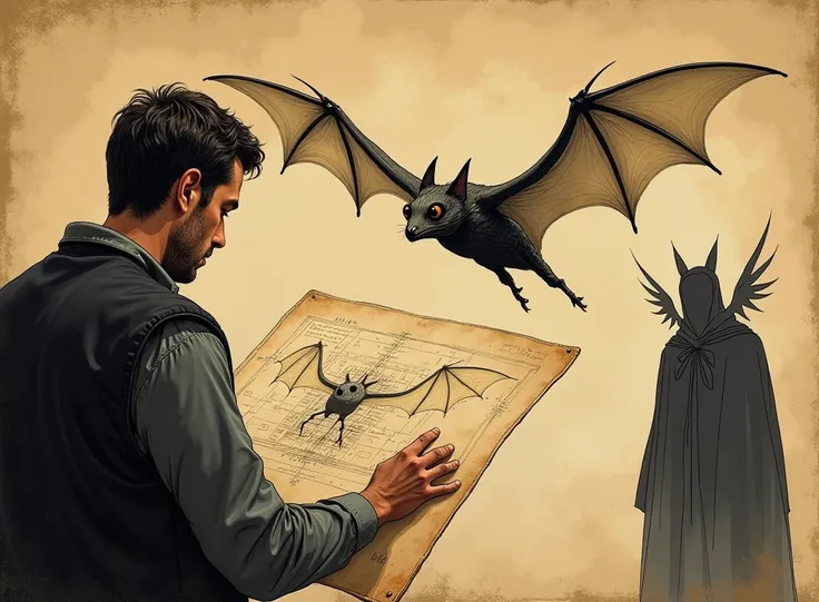  An illustration of a man analyzing the drawings of a flying machine with bat wings inspired by Leonardo da Vincis sketches. In the background, a dark figure with a stylized winged cape appears vaguely and mysteriously 