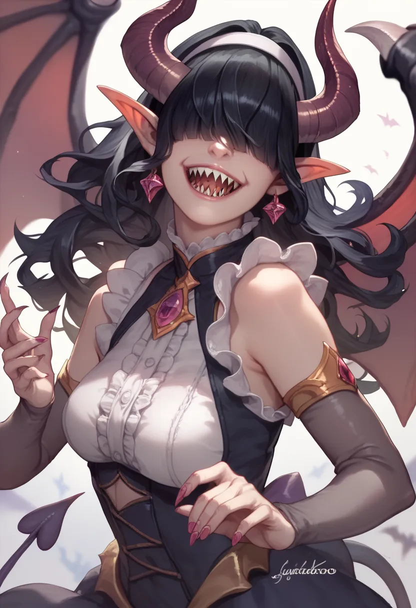 rosto detalhado, grandes olhos, sharp teeth, hair over eyes, hairband, demon horns, demon wings, long hair, pointy ears, elf, bl...