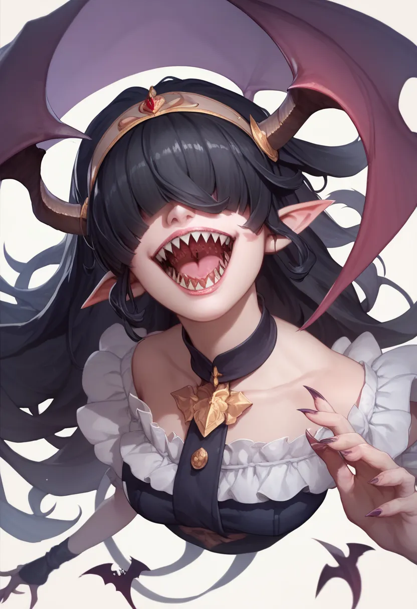 rosto detalhado, grandes olhos, sharp teeth, hair over eyes, hairband, demon horns, demon wings, long hair, pointy ears, elf, bl...