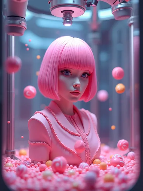 real photograph, 18 years old Jpop girl that has a y2k vibe with pink bob hair and surrounded by candy, pretty face, taking shape layer by layer in a massive, glowing 3D printer. Each pass of the printer’s nozzle adds intricate details to her figure, while...