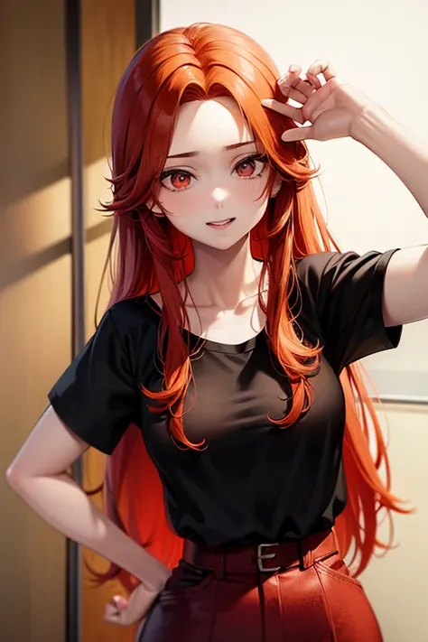 arafed woman with red hair and a black top posing for a picture, amouranth, copper hair, orange hair, flowing ginger hair, red hair and attractive features, bright orange hair, ginger hair, with red hair, red head, messy square vibrant red hair, red dyed h...