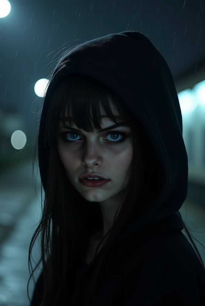 A photo of ahigh school girl whos boyfriend had died. she is standing in a dark street at night with only the street lamp to light the area. she has long dark hair, long bangs, vivid blue eyes, black Hoodie hiding half the face, tear running down cheek, ma...