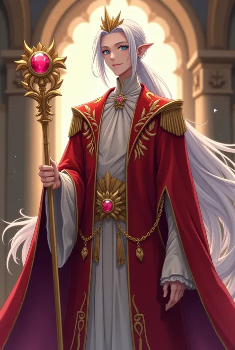 anime style, a beautiful and androgynous slender prince, he has pale skin, bright blue eyes, long white hair with a low ponytail, wears a golden tiara, and fancy red robes, he holds a golden scepter with a ruby 