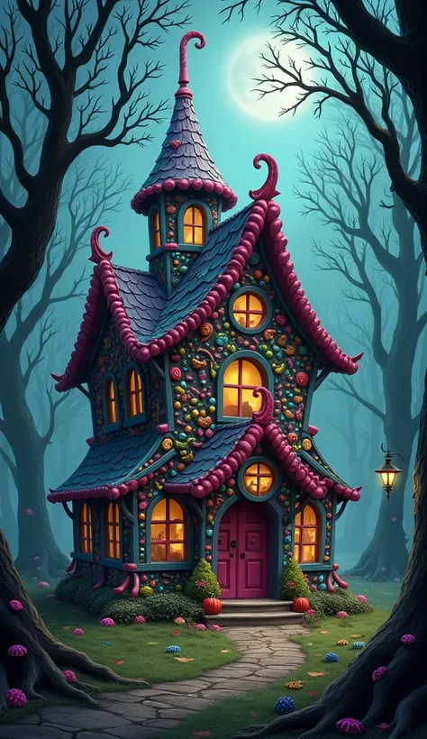   John and Mary Witch House   ,Wrapped in candy  .    This house is in the middle of a dark and haunted forest.