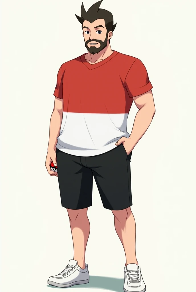  I want to create a current Pokémon trainer , 32 years old, with short hair,  with a beard but does NOT have a moustache . Physically sturdy ,  180 centimeters tall and 120 kilos , who wears white sneakers,  black shorts and red and white t-shirt , He does...