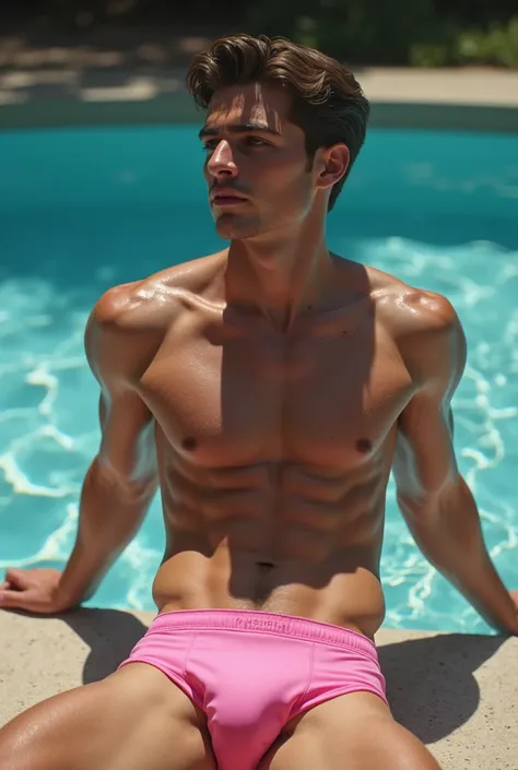 Young sexy twink sunbathing in pink speedo near pool, with wet skin muscular ajd washboard abs 