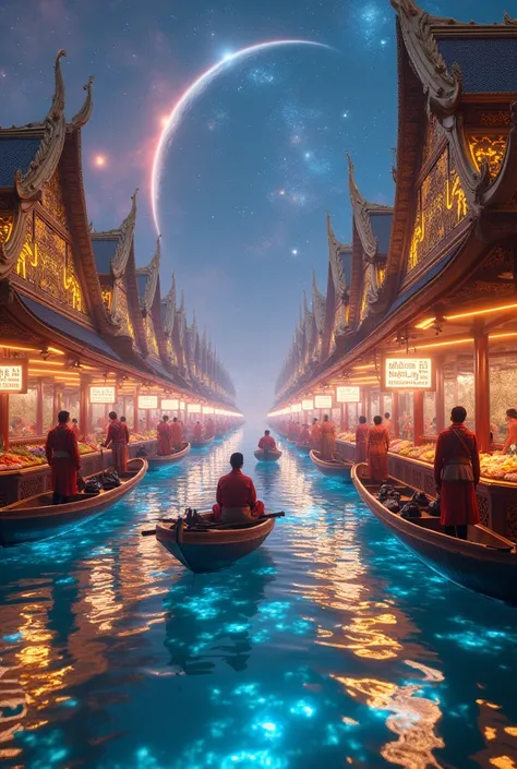 "A breathtaking futuristic Thai floating market set in the vastness of outer space. Traditional Thai wooden boats equipped with glowing hover engines float above a radiant, translucent surface that resembles a cosmic river of stars and galaxies. Vendors we...