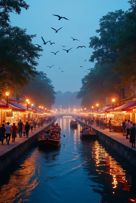 Create an evening atmosphere of a lively riverside town. Boats move on the water surface reflecting lights from restaurants and food stalls decorated with beautiful lights. Both sides of the road are full of people walking and enjoying food, with birds fly...