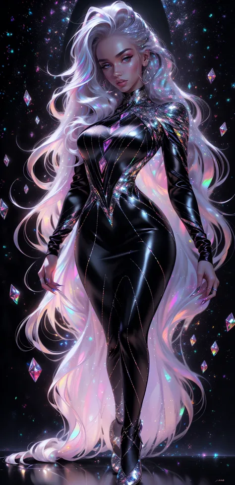 {-erro_de_anatomia:1.0} masterpiece, highest quality, (perfect face:1.1, (high detail)1.1, sweet stardust vampire , long soft white hair, opal eyes, perfectly drawn face, black dress, stars detailed background, prismatic lighting, glitter, whole body, walk...