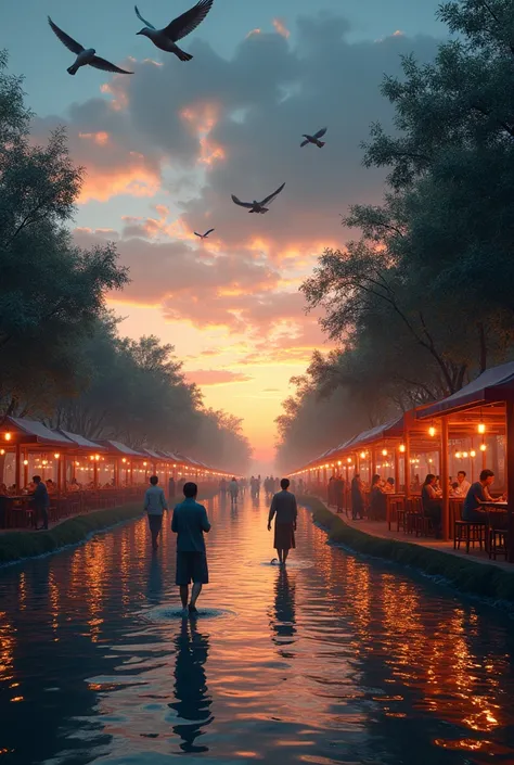 Recreating the atmosphere of the evening, praying at the cemetery, walking on the water surface, beautifully lit by lights from restaurants and aromatherapy stalls, in many ways passers-by and eating along. With birds flying in the sky to add embedment to ...