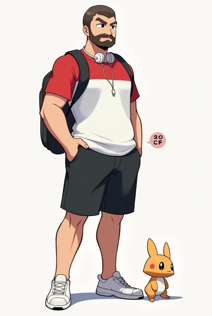  I want to create a current Pokémon trainer , 32 years old, with short hair,  with a beard but does NOT have a moustache . Physically sturdy ,  180 centimeters tall and 120 kilos , who wears white sneakers,  black shorts and red and white t-shirt , He does...