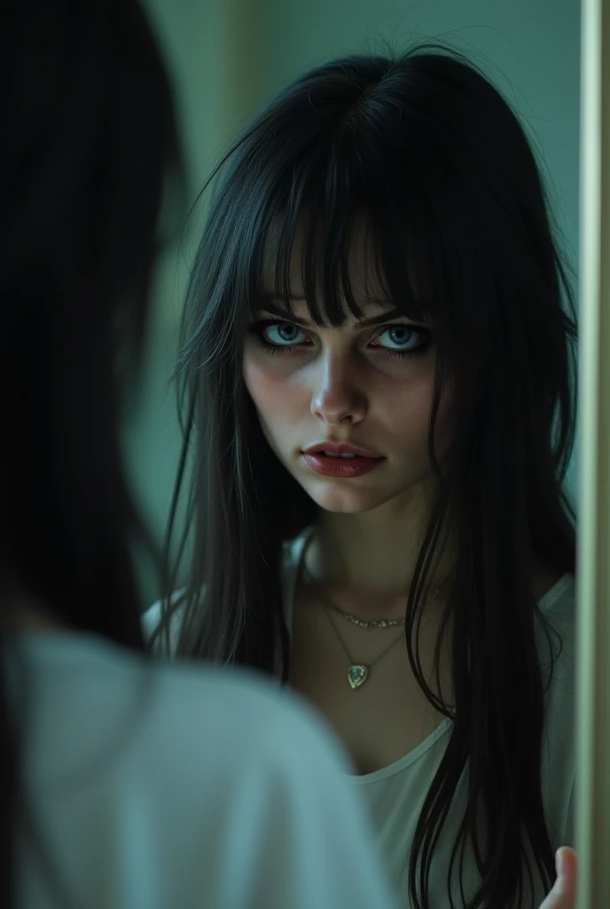 A high school girls reflection in a mirror with a worried depressed expression representing a moment of reflection and self-criticism. Long dark hair messy, long bangs, vivid blue eyes, goth mascara running form crying, ultra high definition, ultra realist...