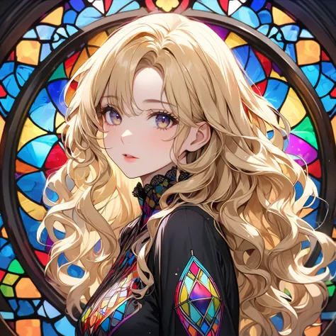 (masterpiece,  best quality), 8k,((( high definition))), race cutout-picture,race:1.8,Super intricate race pattern,colorful race pattern, stained glass background, kaleidoscope, light up,Relaxed gothic 1 woman,( wavy hair, blonde hair ),
