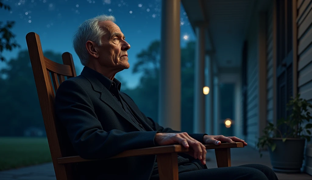 Edgar Cayce, at 60 years old, ,  is seated on a wooden chair on the porch of his house , looking at the night sky.  His short, gray hair is slightly ruffled by the cool night wind,  as his oval face , no beard, reflects a serene expression .  Wearing a dar...