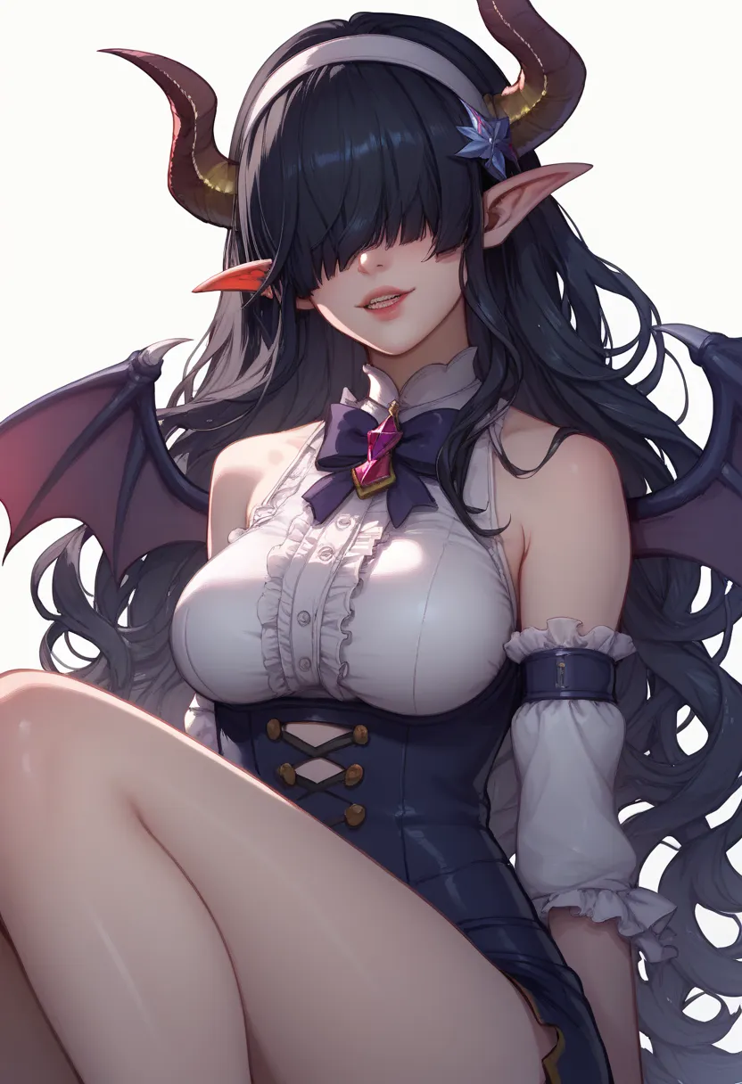 rosto detalhado, grandes olhos, hair over eyes, hairband, demon horns, demon wings, long hair, pointy ears, elf, black hair, pei...