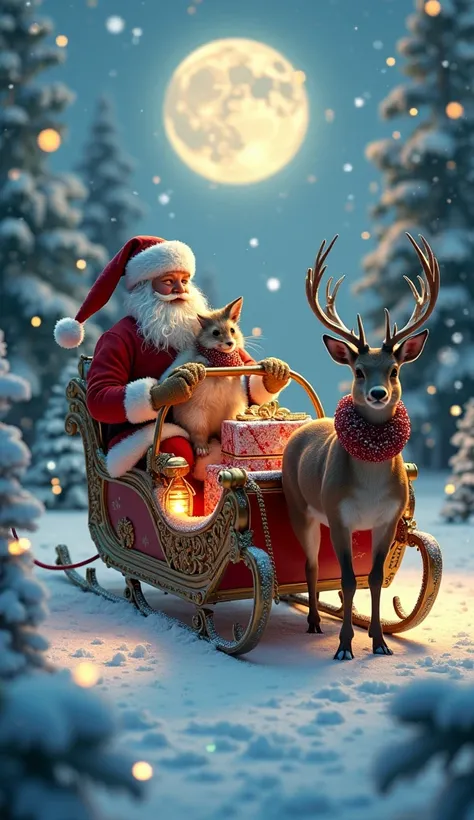 "A hyper-realistic scene of Santa Claus’s sleigh preparing to take off from a snowy woodland clearing. Anthropomorphic animals like foxes, rabbits, and deer, all dressed in intricately detailed winter outfits, assist with tying reins and arranging sparklin...