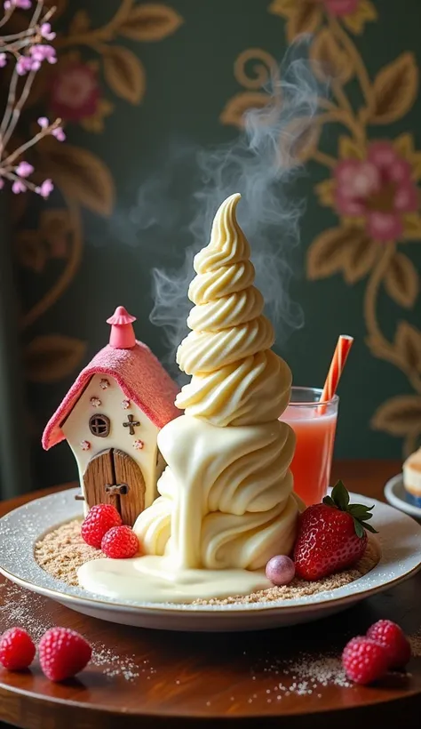    to create a delicious ice cream effect with a flowing waterfall on an upscale dinner plate  ，,   A fairytale cottage full of cigarette smoke   ，   a delicious ice cream effect in the shape of heavy snow  ， Is it possible    ，   A delicious drink wrapped...