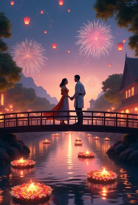 Northern Thai Yi Peng tradition, floating lanterns fill the night sky, flower krathongs fill the river, colorful fireworks, and Nang Pama standing on the bridge with a man who looks like a nobleman. People are happy. Image size 4:3