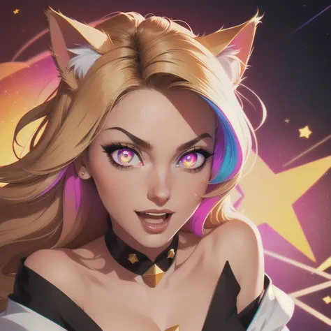 (masterpiece,  Best Quality ), ((1 , ( mature woman)  long hair), ( star-shaped pupils,  +_+,   symbol-shaped pupils ,  glowing eyes ), ( cat ears,  open mouth open )), ( looking at the viewer ,  light smile , off shoulder), (abstract,  multicolored backgr...