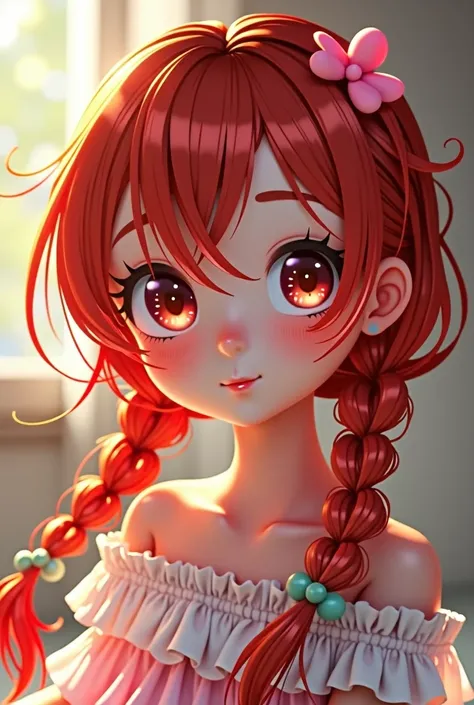 a short anime girl,  with red hair in braids, toddler, innocent, anime style, beautiful detailed eyes, beautiful detailed lips, extremely detailed eyes and face, long eyelashes, cute, adorable, playful, kawaii, high quality, 4k, 8k, highres, masterpiece, u...