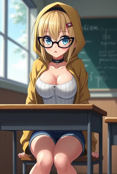 screenshot of my hero academia, light blonde hair,  bright blue eyes, (((oversized cat-eye glasses))), hoodie, slim with huge breasts, ((huge sexy breasts)), sitting at a table in a classroom, with his cold gaze, skirt