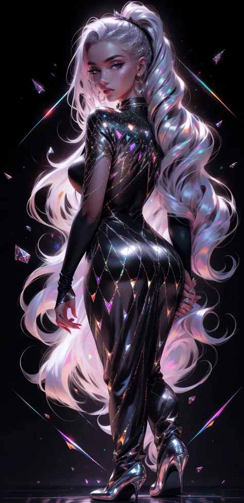 {-erro_de_anatomia:1.0} masterpiece, highest quality, (perfect face:1.1, (high detail)1.1, sweet stardust vampire , long soft white hair, opal eyes, perfectly drawn face, black dress, stars detailed background, prismatic lighting, glitter, whole body, walk...