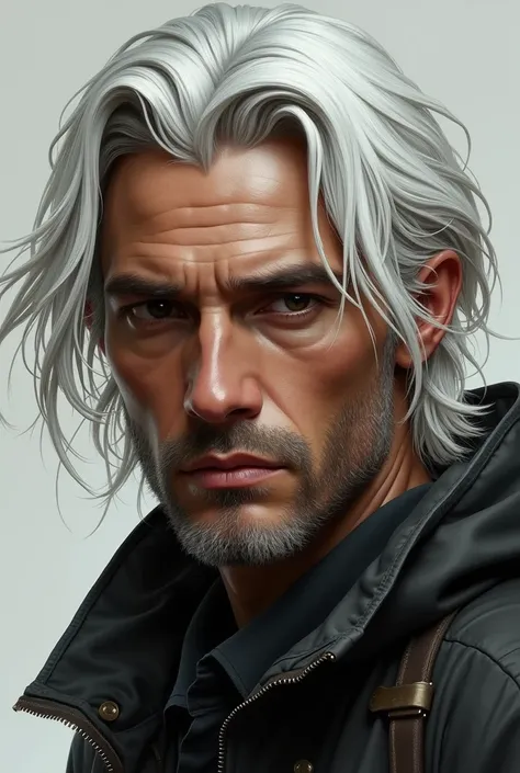 A 26 year old man, with white hair, He has dark black eyes, slightly tanned skin color , Realistic version