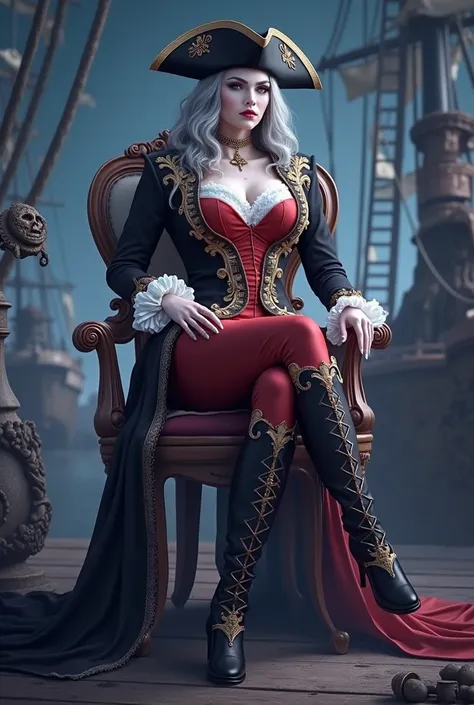 A burly female Pirate sea Captain in fine embroidered red, black, and gold clothing with a large tricorner hat in the style of Dior, ship props in the style of a Vogue photo editorial, flawless ivory skin, red eyes, sharp nails, grey and blonde hair, stunn...