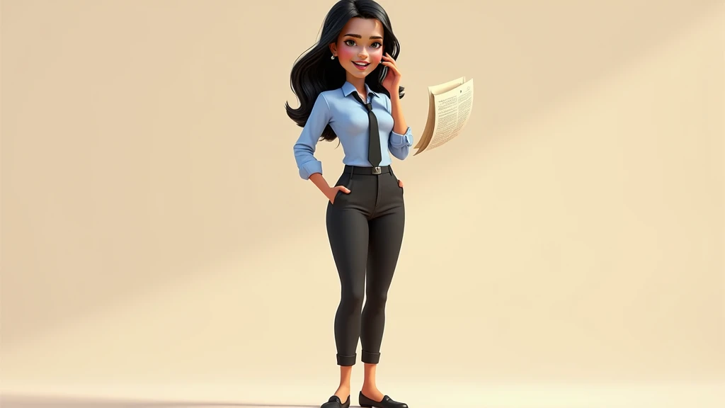 A Disney Pixar style image of a 30 year old woman with fair skin, 511" tall and black hair. She is wearing a light blue dress shirt and tie, black pants and dress shoes. She has a happy expression on her face. She has a slim, athletic build. The background...