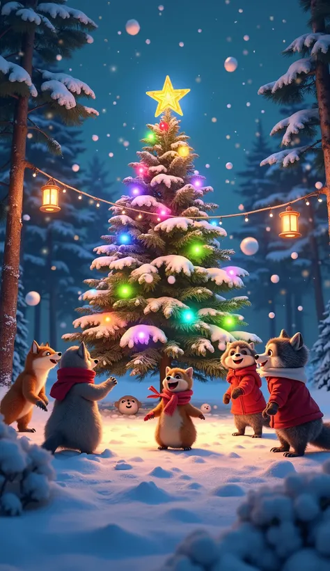 "A hyper-realistic nighttime scene of a joyful snowball fight in a snowy forest clearing. Anthropomorphic animals like wolves, foxes, and otters, dressed in textured winter clothing, laugh as snowballs fly through the air. A towering Christmas tree in the ...