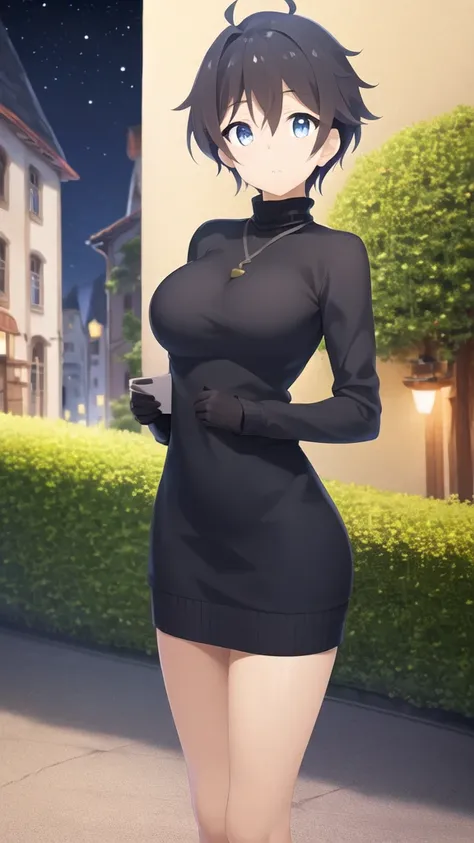 masterpiece, best quality, girl, solo, looking at viewer, yuuki_princess_connect, black hair, blue eyes, large breasts, sweater dress, long sleeves, turtleneck, outdoors, street, standing, cowboy shot, night