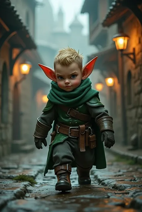 An adult gnome in a dark fantasy wearing green leather armor, brave face, Troublemaker, burglar, tons escuros,  brownish gray skin , It appears to have about 1 meter ,  young adult thin male ,  short hair,  blond hair , Sneaking,  Medieval City , masterpie...