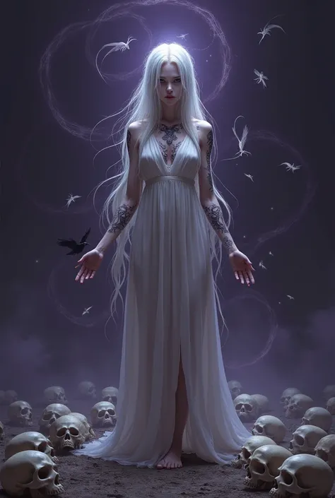  lyrics,  8K Ultra HD A digital artwork of a beautiful white woman with long hair tattoos,Thin witch ravens and souls coming out of the ground only very faithful and she looks fragile, standing on skulls , a dark purple background an overall view of the en...