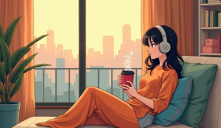 Image of the lyrics below「chill morning」 、Woman listening to music with headphones、90s city pop style art illustration、Pull composition、Trending Fashion、Comfortable rooms、Relaxing while drinking coffee 、morning、morning日が差し込む、Makoto Shinkai-style anime