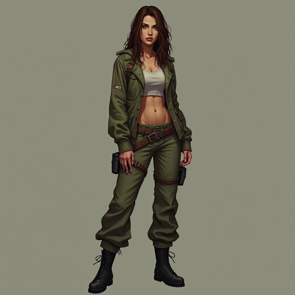  A brown-eyed green-eyed woman , She appears in full body , with straight wavy hair , wearing worn clothes typical of Apocalypse.  She has a visible scratch on her arm ,  wearing a black military boot ,  and the art style is digital ,  high details,  with ...