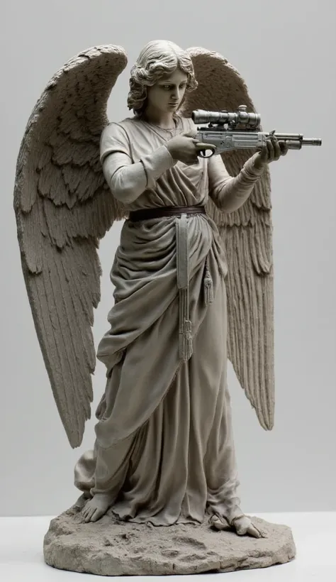 a realisticangel statue half body only with a riffle pointing to shoot  snipping front view