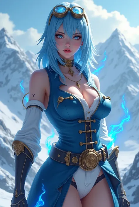 Create final fantasy style a beautiful woman with straight Chanel medium blue hair with blue eyes anise with big hard tits with big ass perky with thick thighs wearing a steampunk blue vest with details with ice white brass glasses on her head with blue fl...